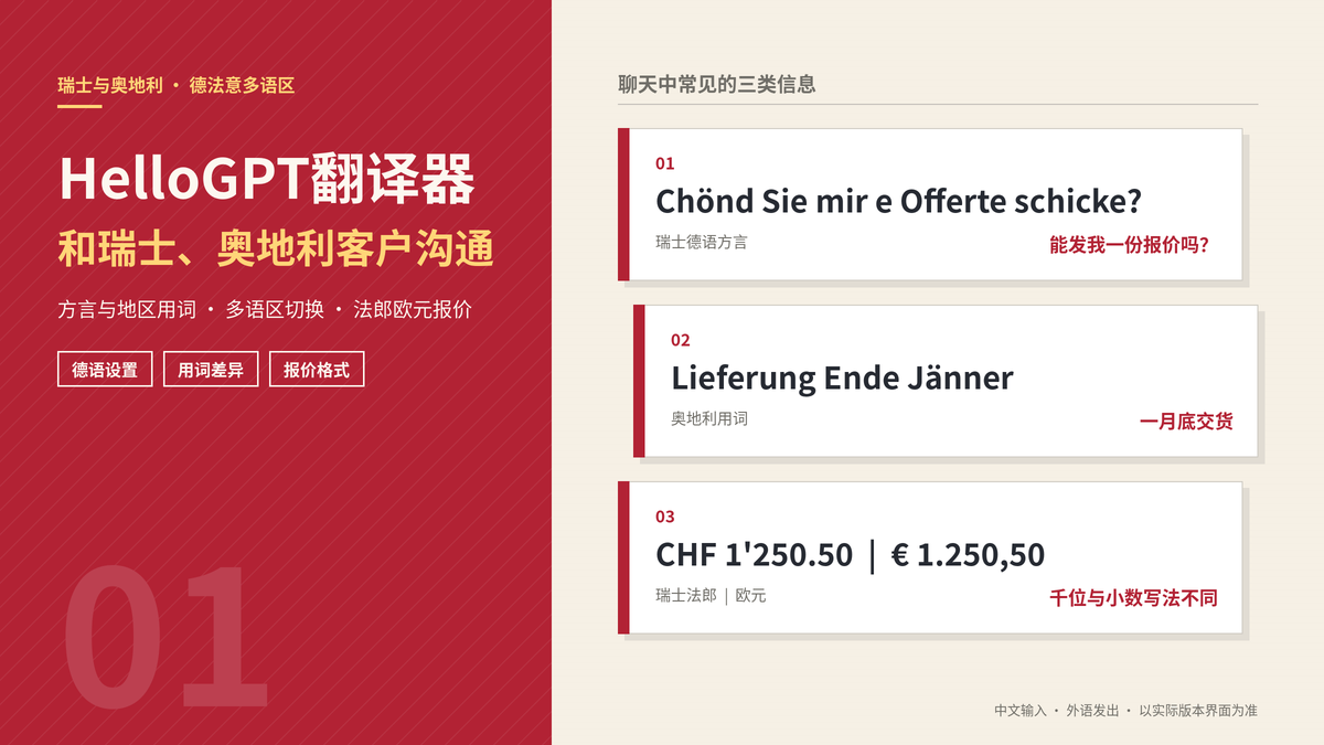 HelloGPT翻译器和瑞士、奥地利客户沟通:德语用词差异、多语区与瑞士法郎欧元报价示意图