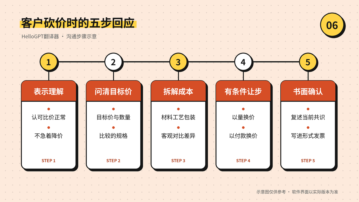 客户砍价时问清目标价、拆解成本到有条件让步的五步回应流程示意图