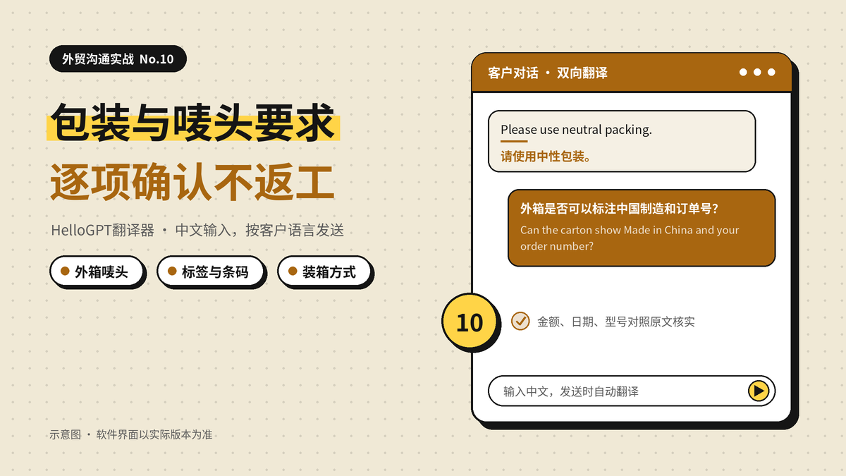 HelloGPT翻译器包装与唛头要求确认封面示意图