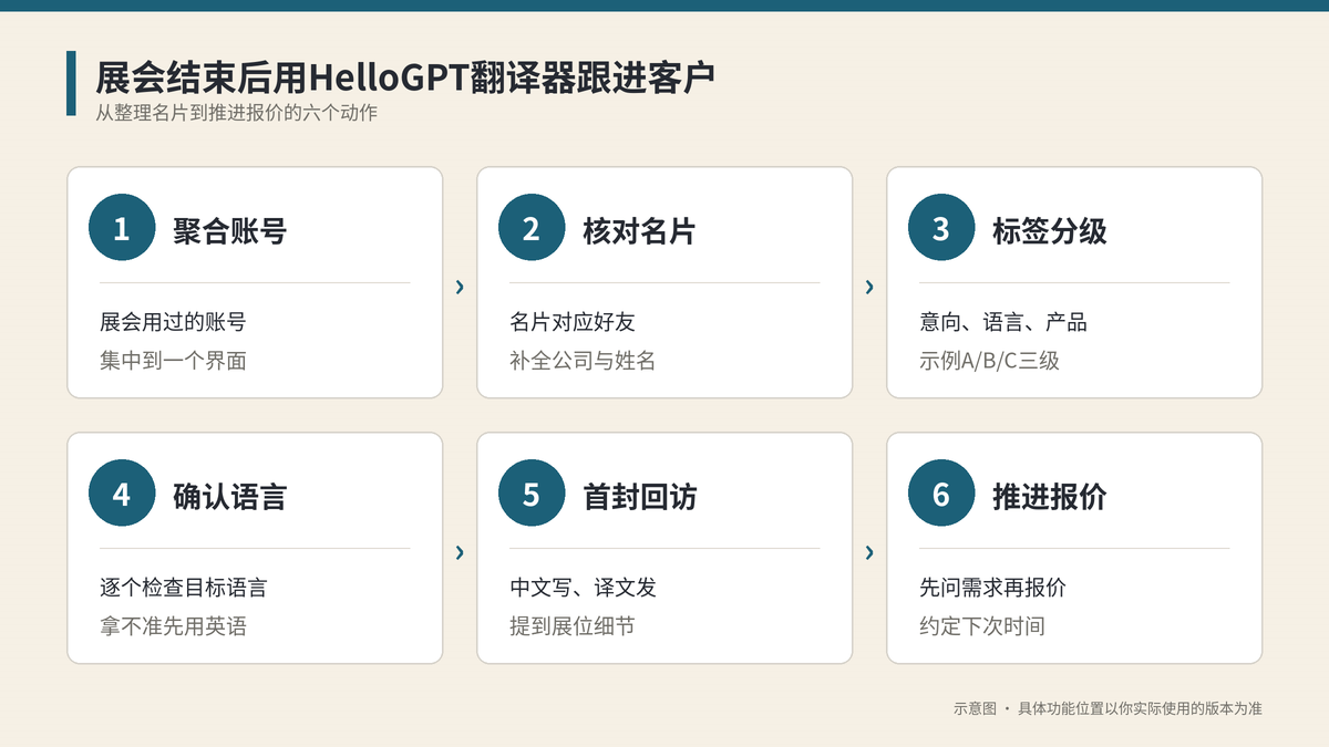 HelloGPT翻译器展会客户跟进六个步骤示意图