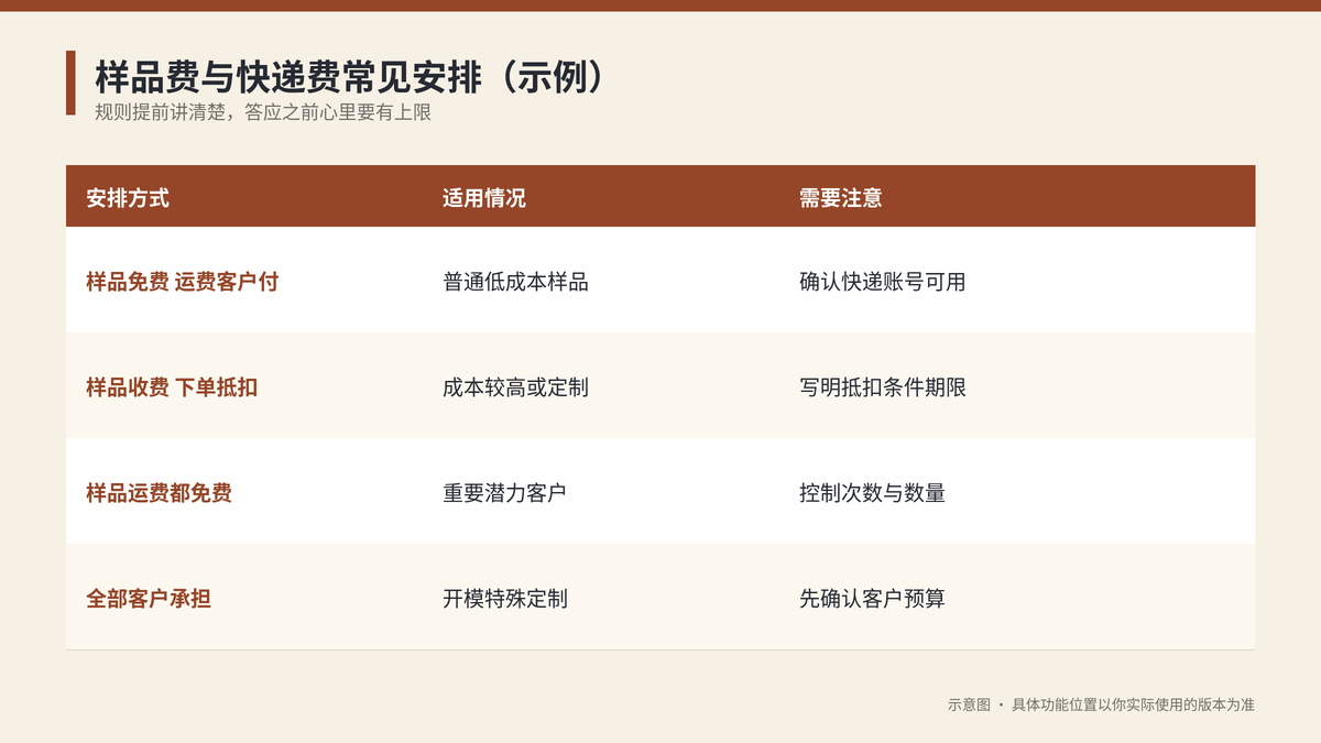 样品费与快递费几种常见安排方式对比示意图