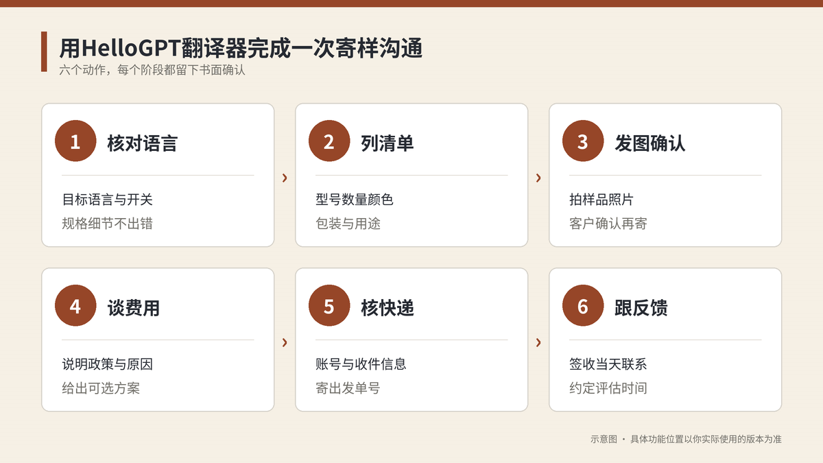 HelloGPT翻译器海外客户寄样沟通六个步骤示意图