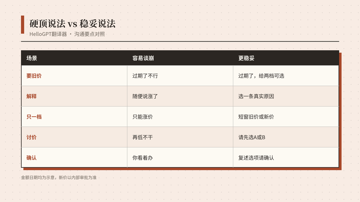 过期报价沟通：硬顶说法与稳妥说法对照
