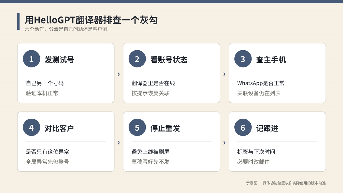 HelloGPT翻译器排查WhatsApp一个灰勾的六个步骤示意图