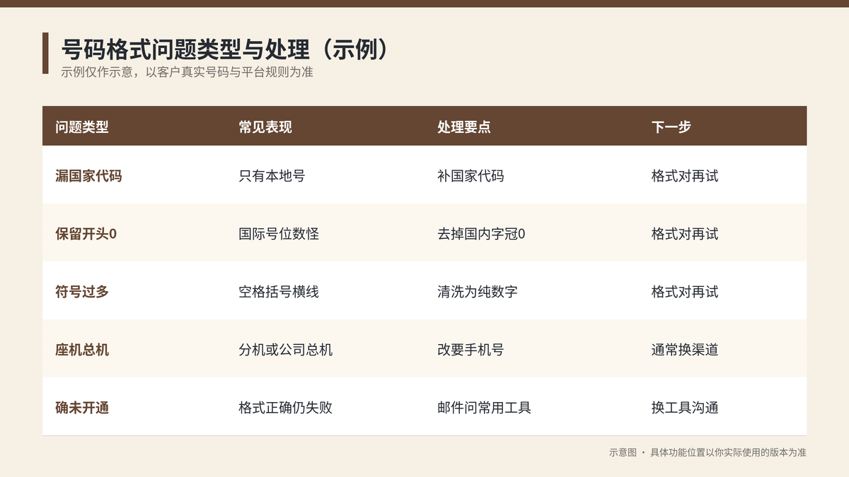 WhatsApp号码格式错误类型与正确写法对比示意图