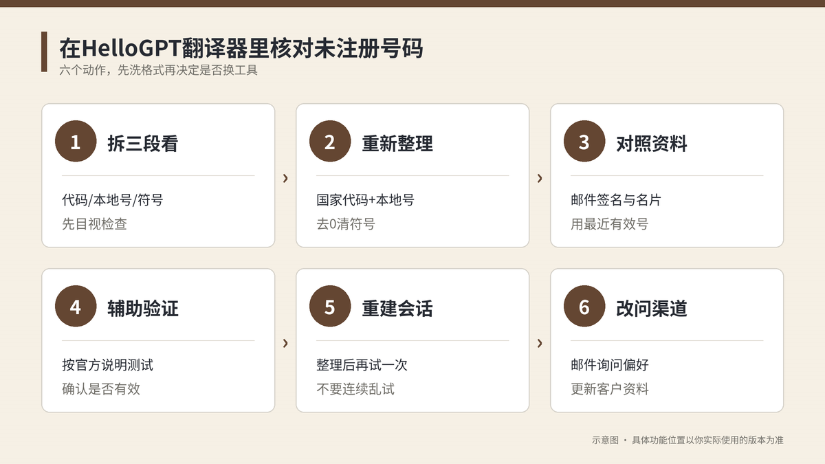 HelloGPT翻译器核对WhatsApp号码格式六个步骤示意图