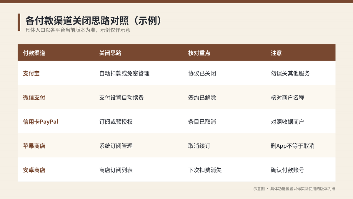 HelloGPT翻译器各付款渠道取消自动续费对照示意图