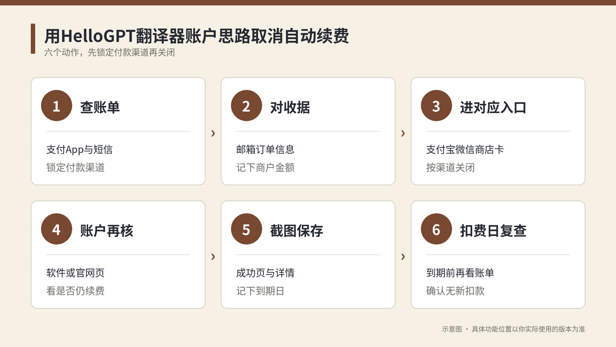 HelloGPT翻译器取消自动续费六个步骤示意图