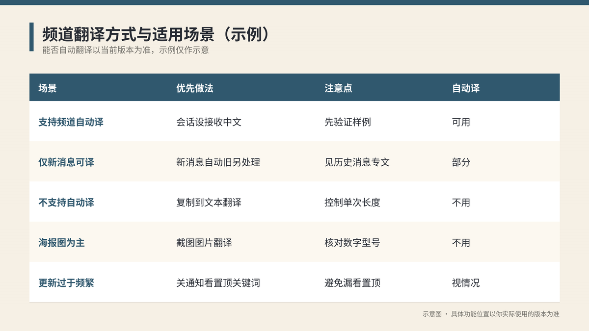 Telegram频道翻译方式与适用场景对照示意图