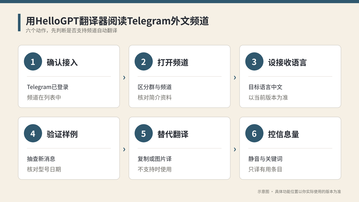 HelloGPT翻译器翻译Telegram频道消息步骤示意图