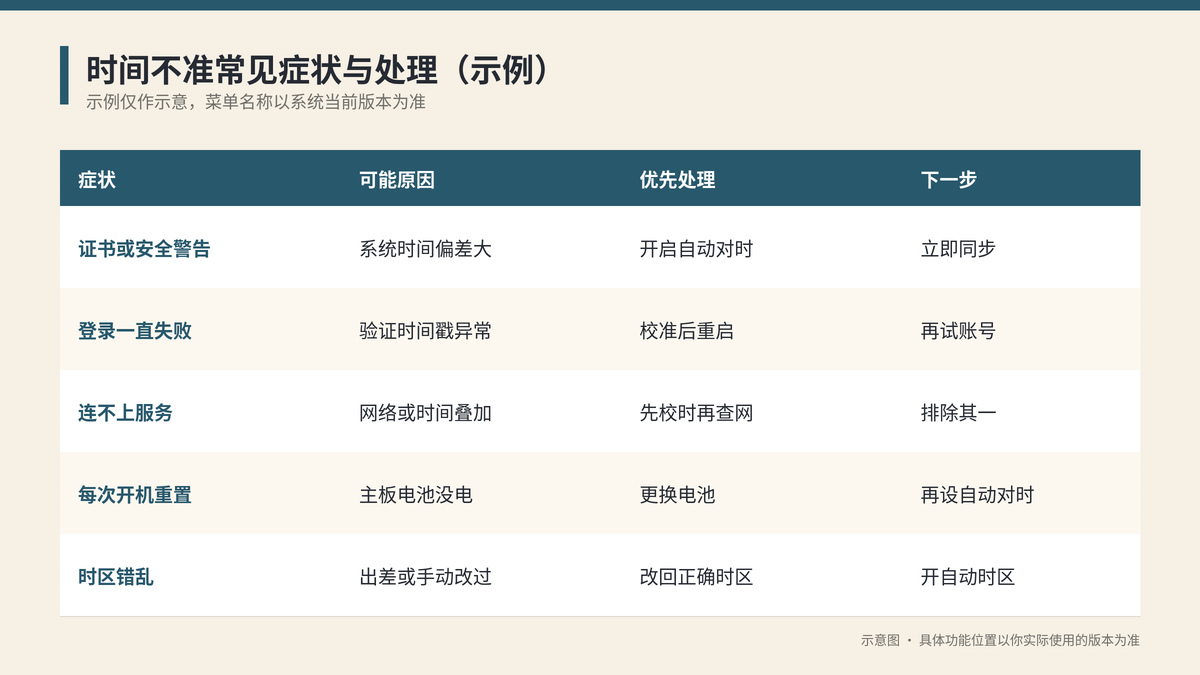 系统时间不准常见症状与处理对照示意图