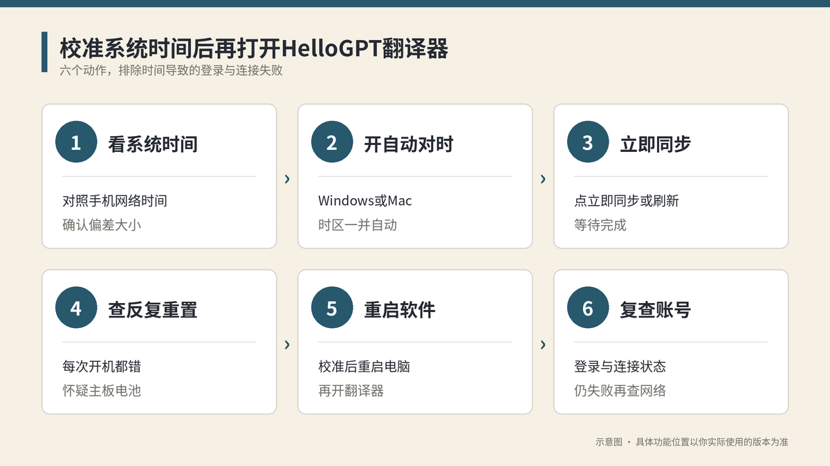 校准系统时间后再打开HelloGPT翻译器步骤示意图