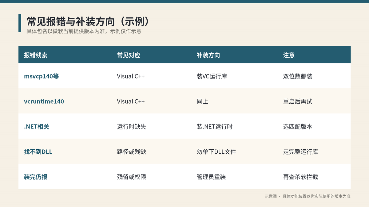 常见DLL报错与补装方向对照示意图
