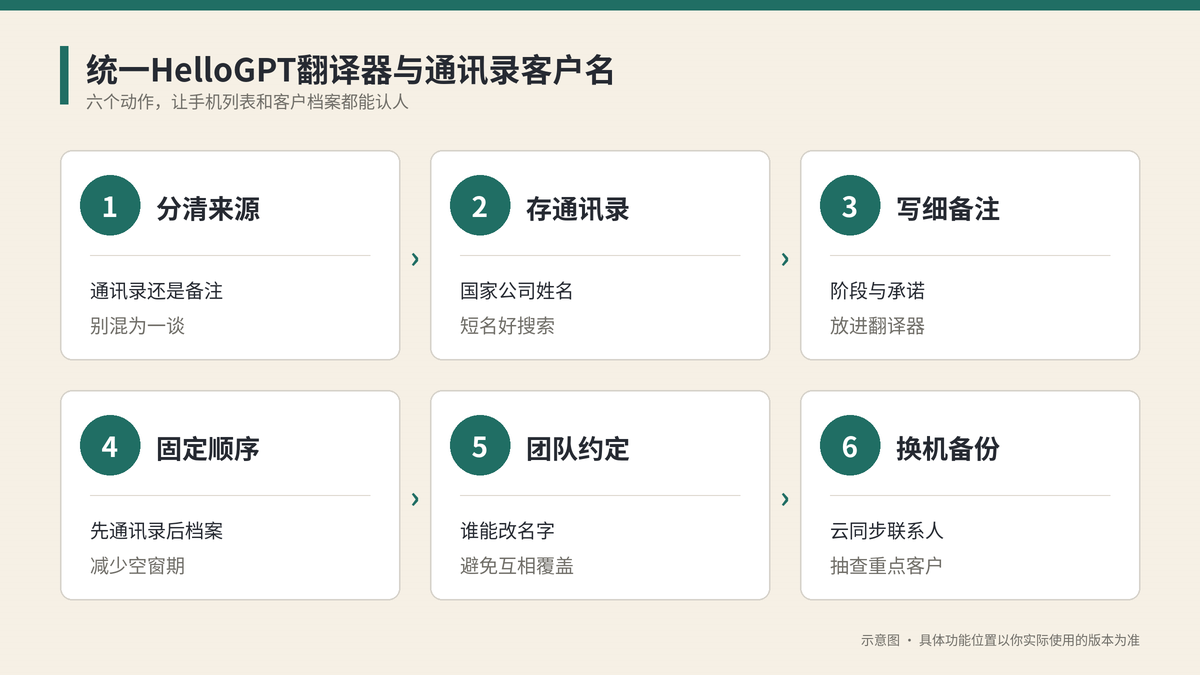HelloGPT翻译器与手机通讯录统一客户备注名步骤示意图