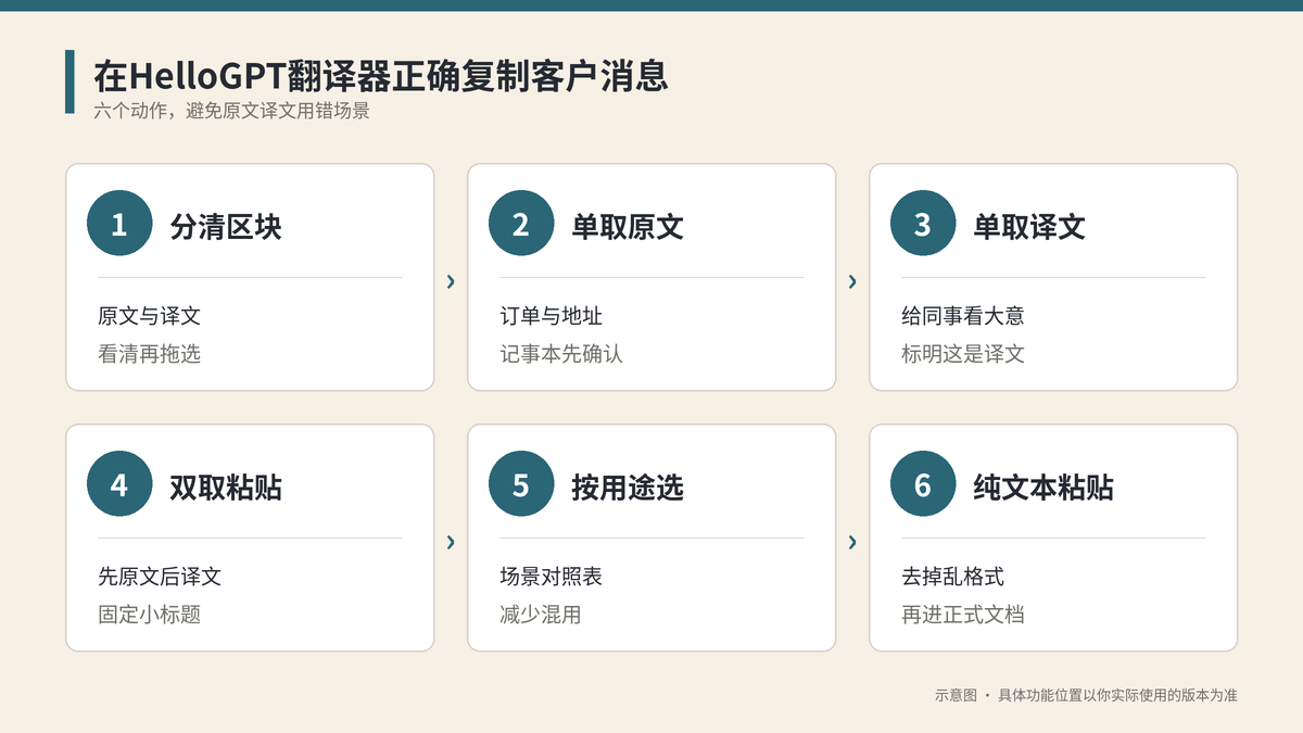 HelloGPT翻译器复制原文与译文的操作步骤示意