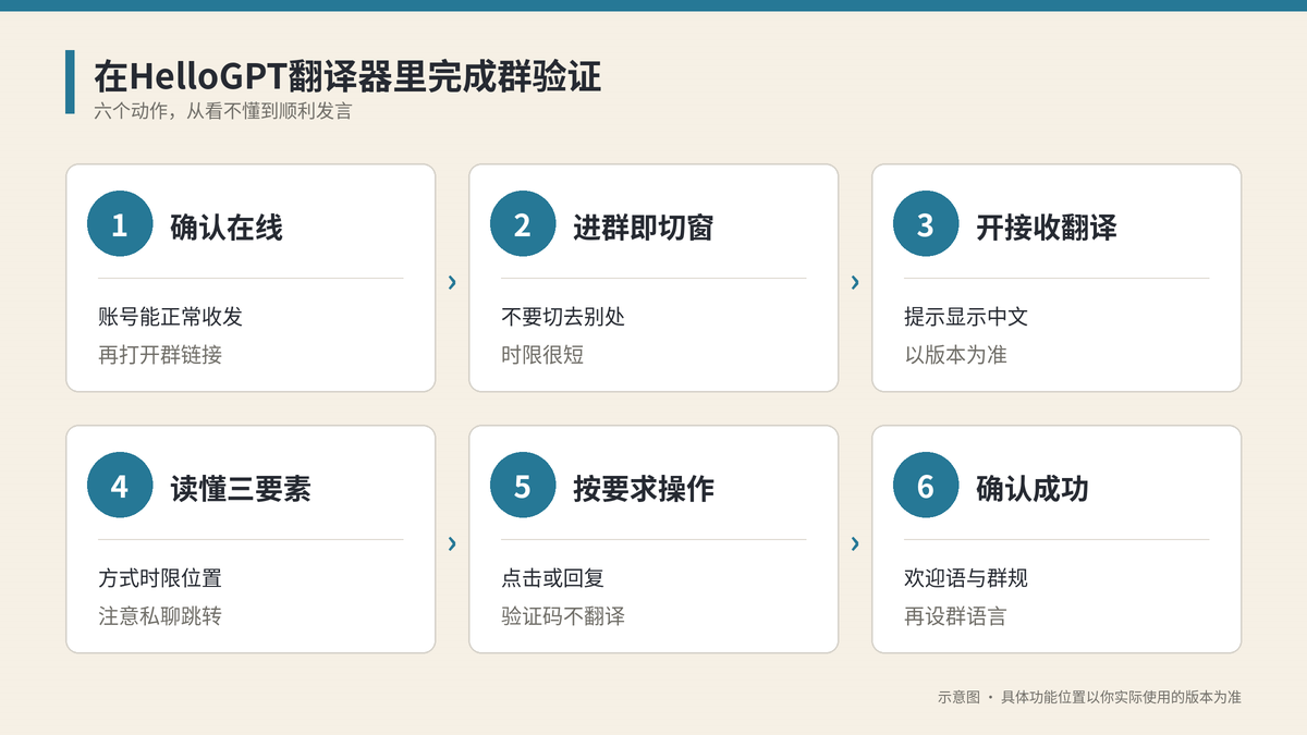在HelloGPT翻译器里完成Telegram群机器人验证的步骤示意图