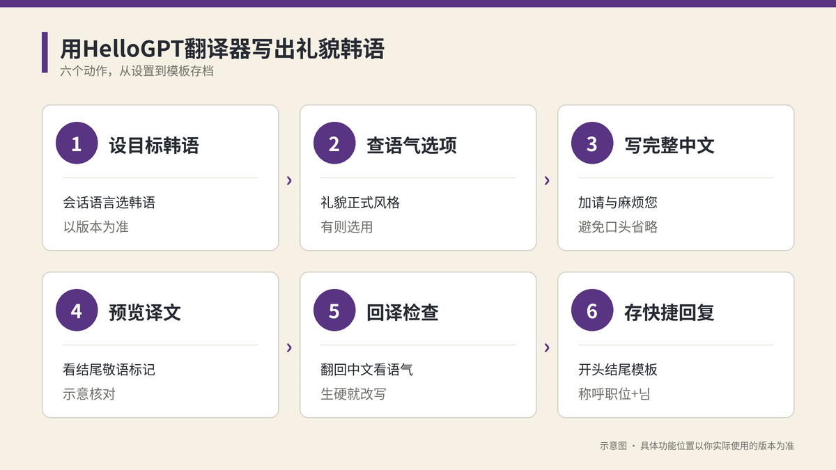用HelloGPT翻译器写出礼貌韩语的六个步骤示意图