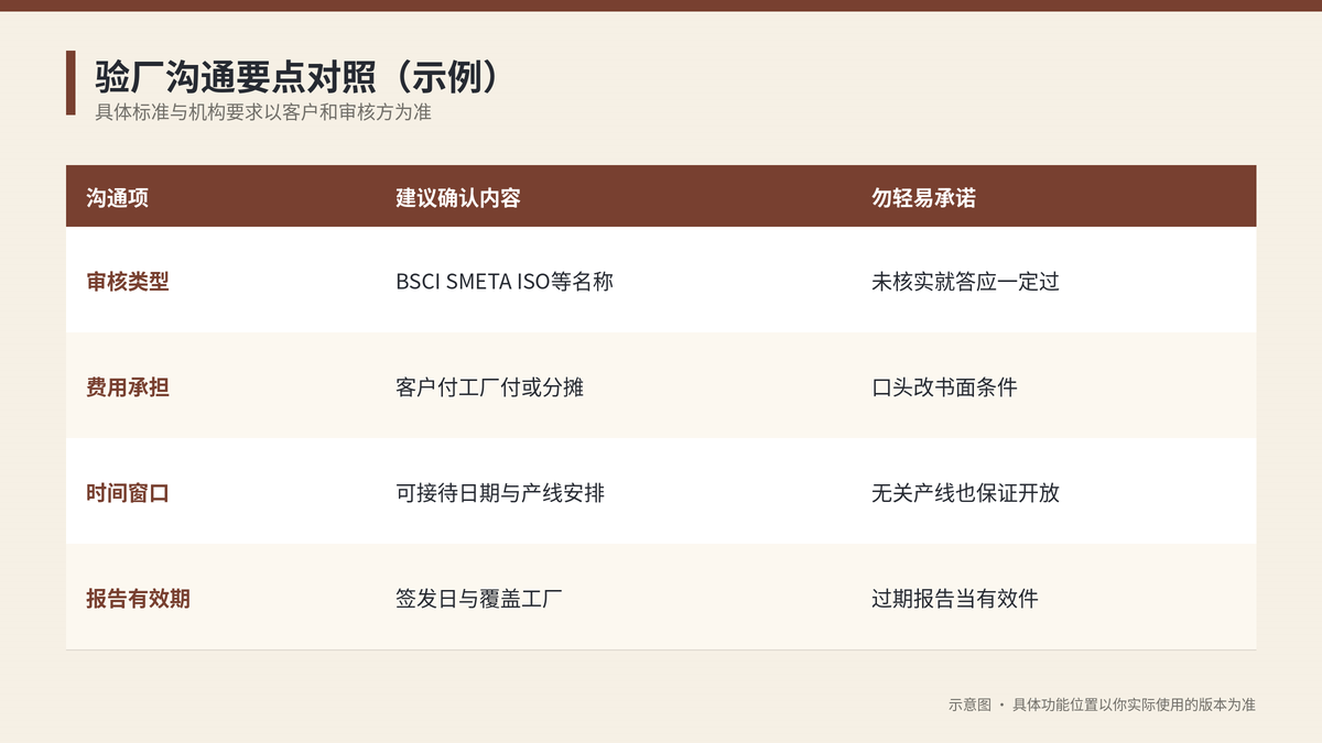 验厂沟通要点与不可轻易承诺事项对照示意图