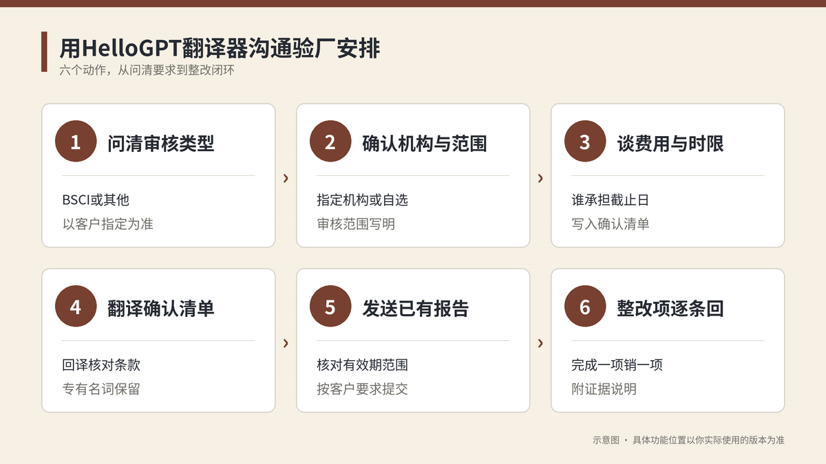 用HelloGPT翻译器沟通BSCI验厂安排的六个步骤示意图