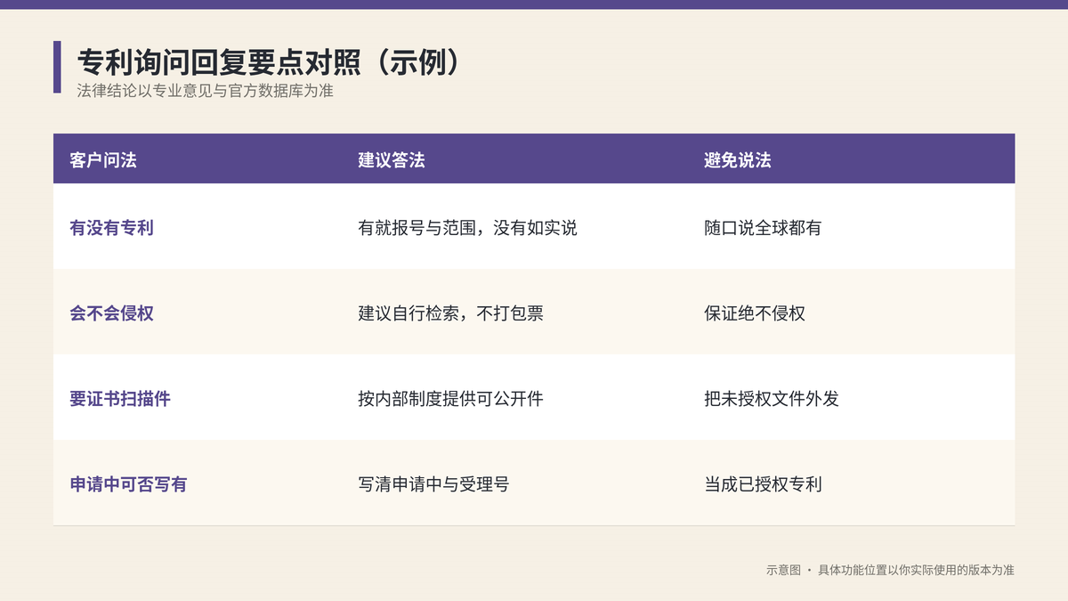 专利询问不同问法与建议答法对照示意图