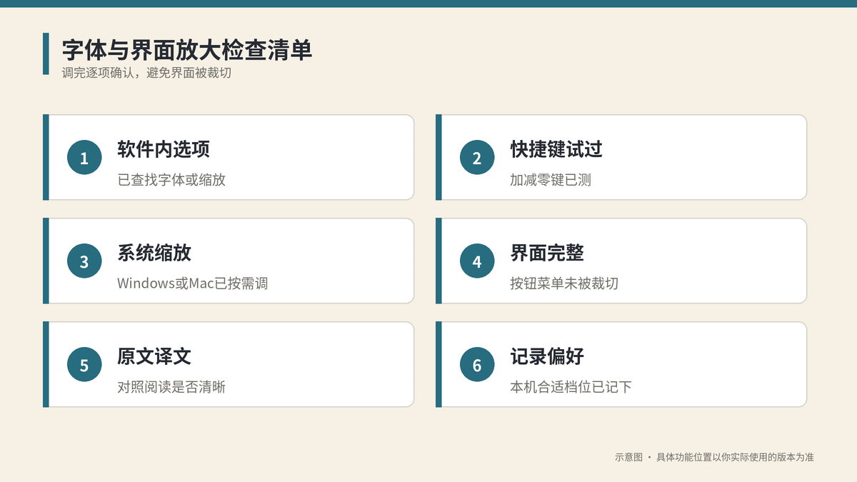 字体与界面放大后检查清单示意图