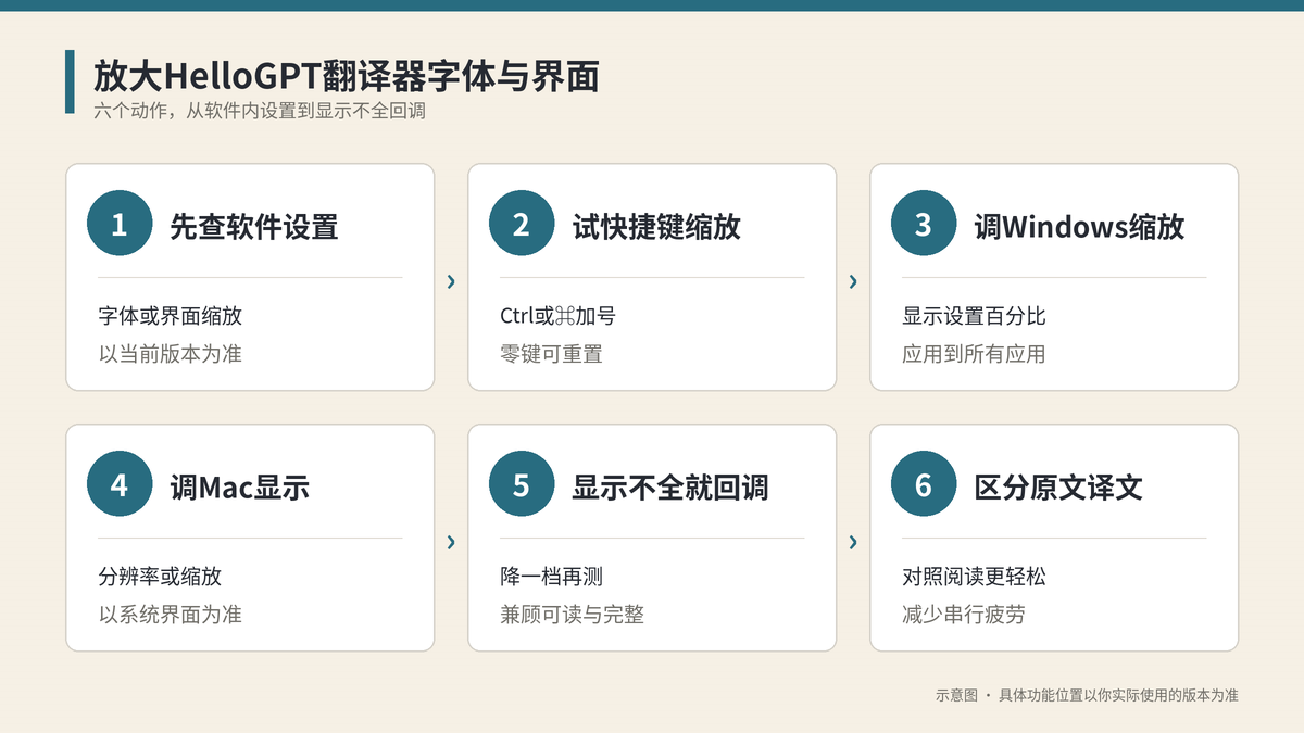 放大HelloGPT翻译器字体与界面的六个步骤示意图