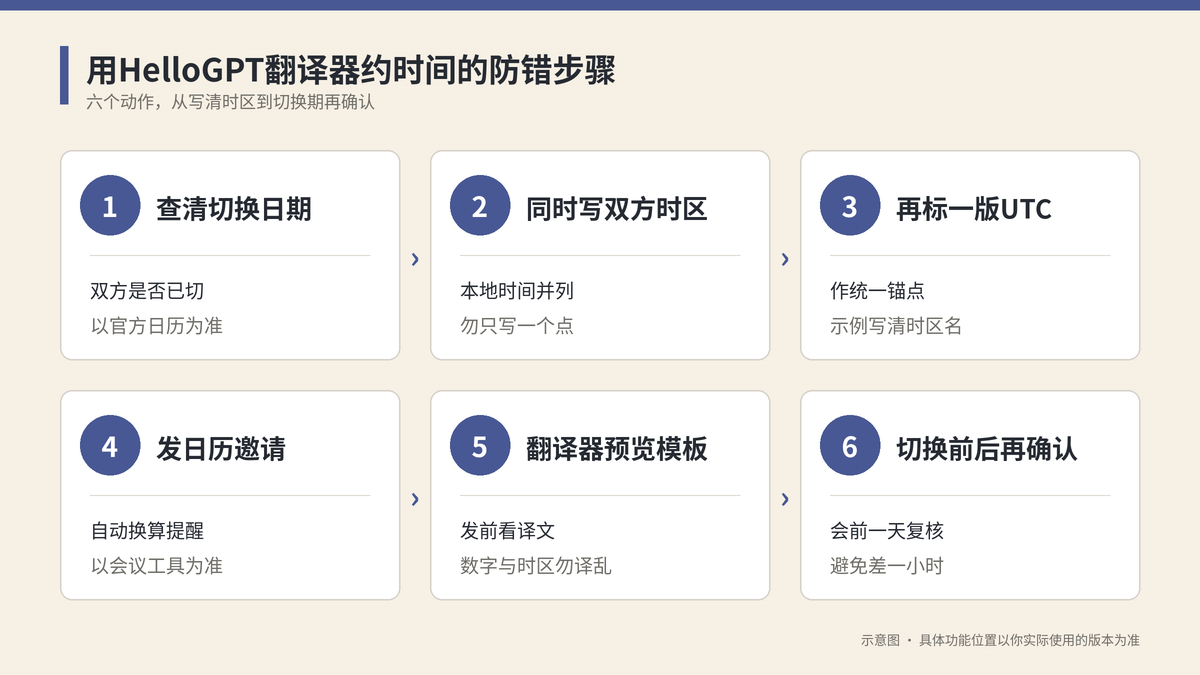 用HelloGPT翻译器约时间的六个防错步骤示意图