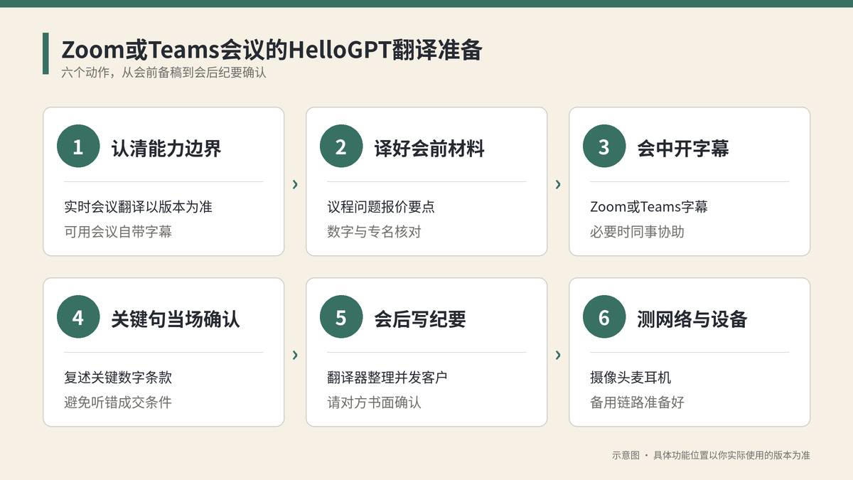 Zoom或Teams会议的HelloGPT翻译准备六个步骤示意图
