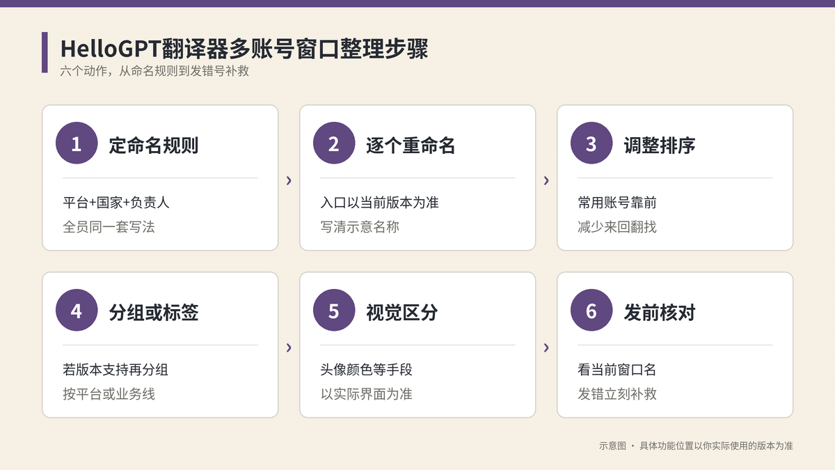 HelloGPT翻译器多账号窗口整理六个步骤示意图