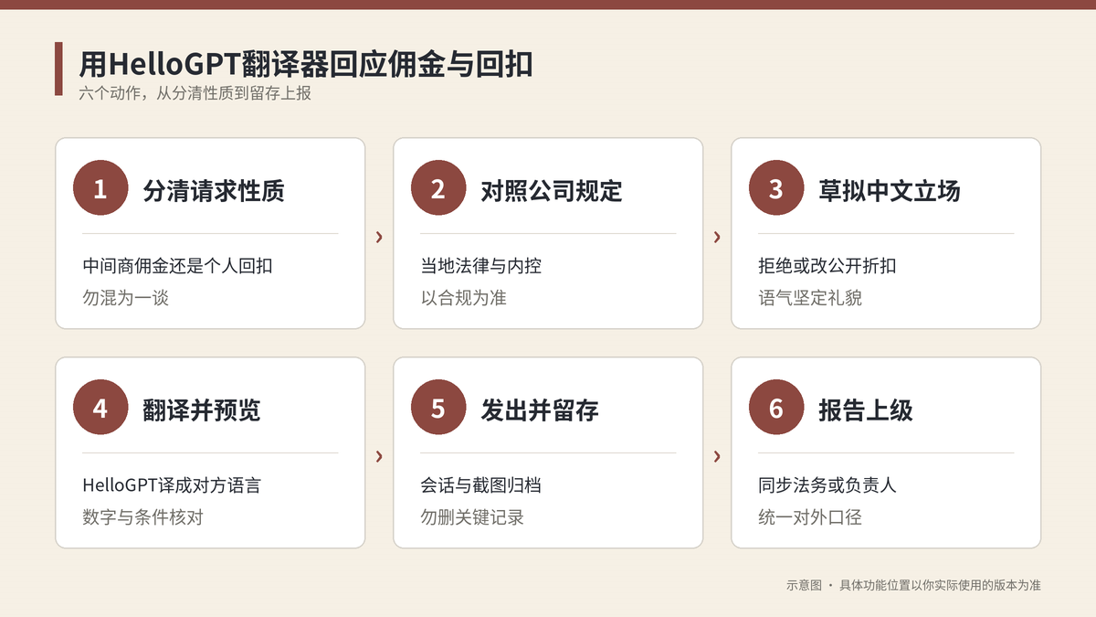 用HelloGPT翻译器回应佣金回扣六个步骤示意图