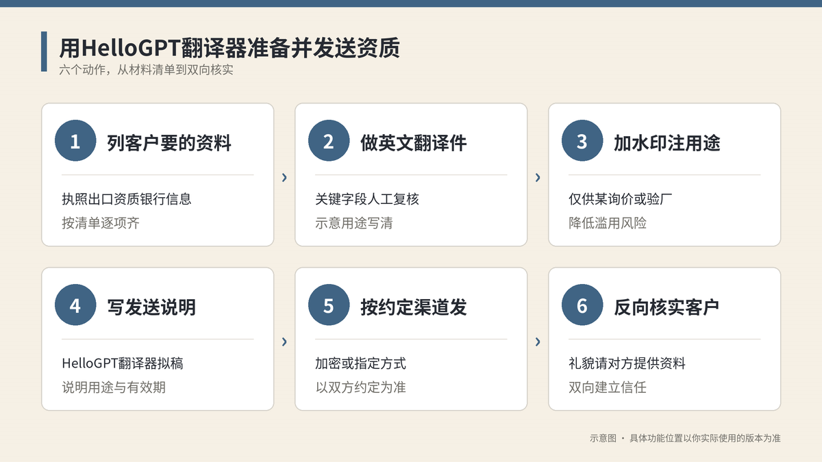 用HelloGPT翻译器准备并发送资质六个步骤示意图