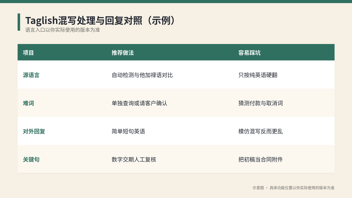 Taglish混写处理与简单英语回复对照示意图