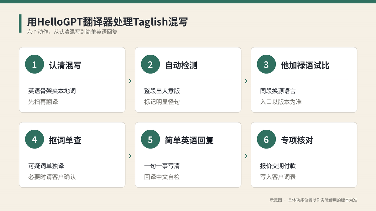用HelloGPT翻译器处理Taglish混写六个步骤示意图