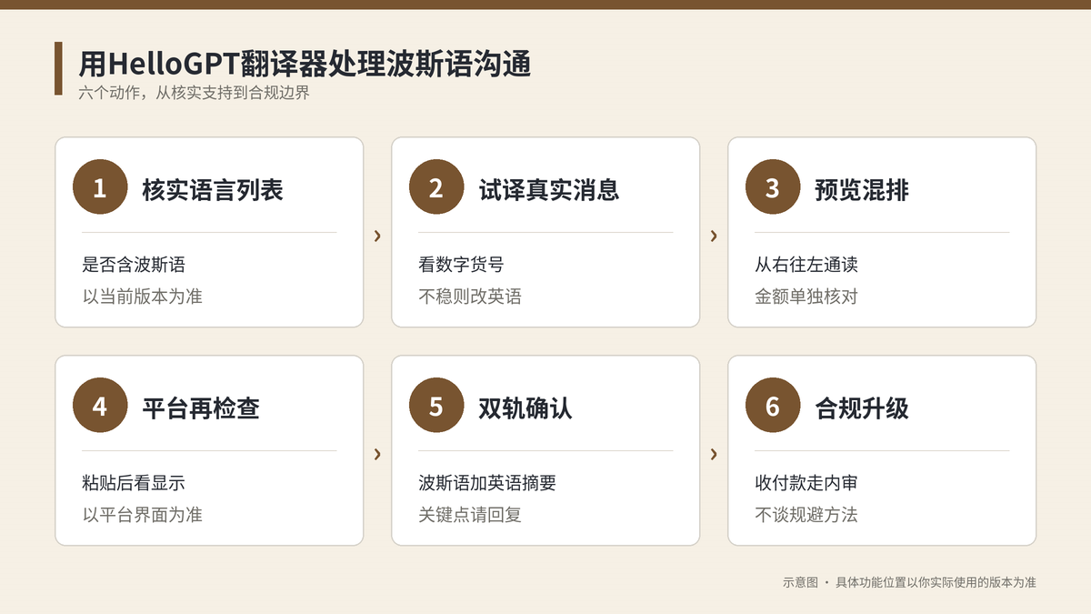 用HelloGPT翻译器处理波斯语沟通六个步骤示意图