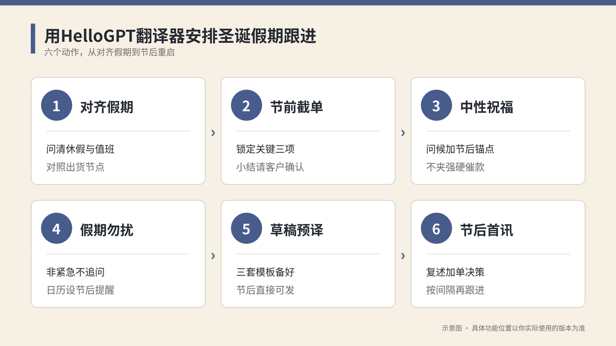 用HelloGPT翻译器安排圣诞假期跟进六个步骤示意图