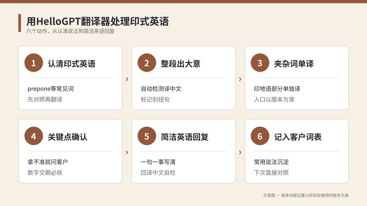用HelloGPT翻译器处理印式英语六个步骤示意图