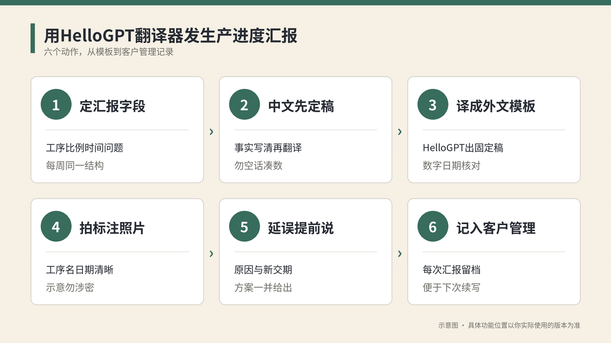 用HelloGPT翻译器发生产进度汇报六个步骤示意图