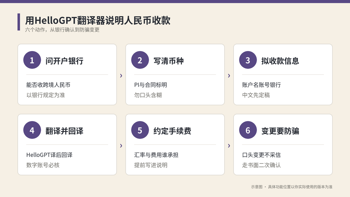 用HelloGPT翻译器说明人民币收款六个步骤示意图