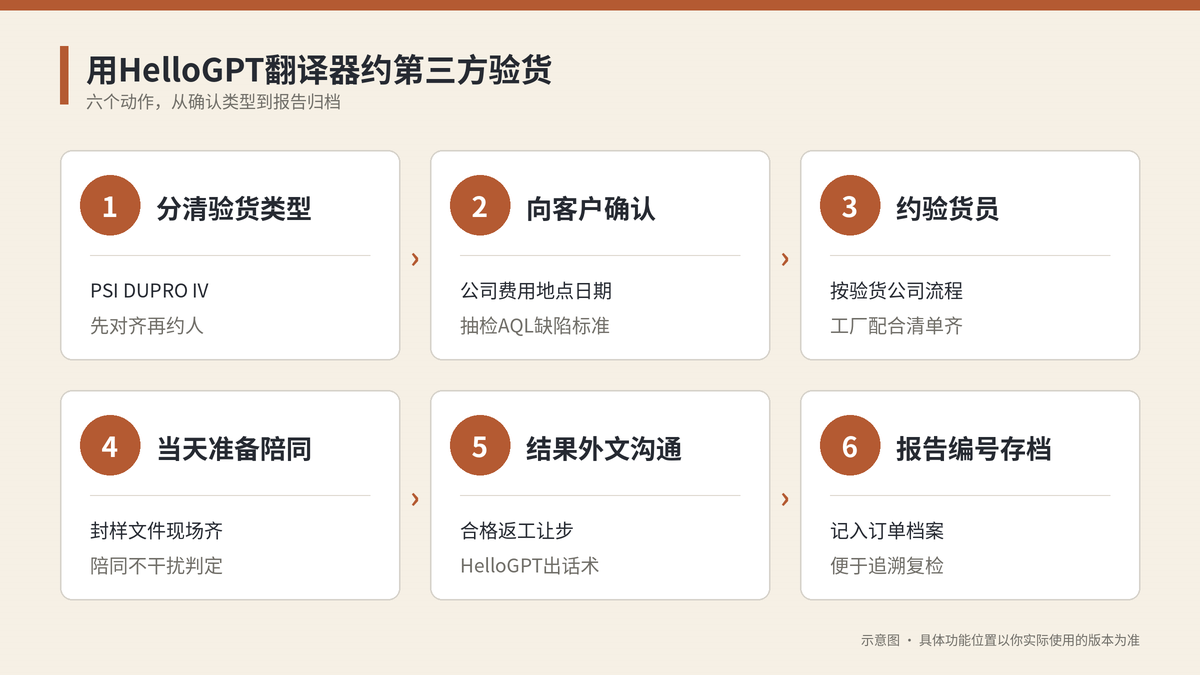 用HelloGPT翻译器约第三方验货六个步骤示意图