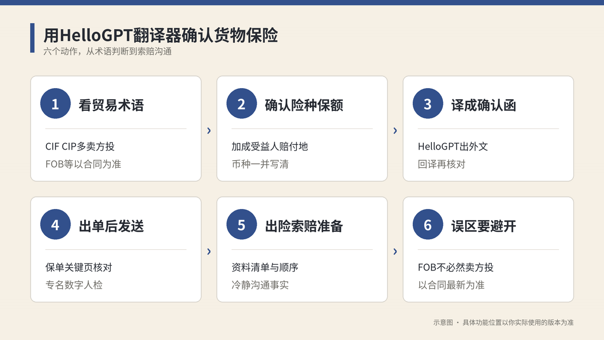 用HelloGPT翻译器确认货物保险六个步骤示意图