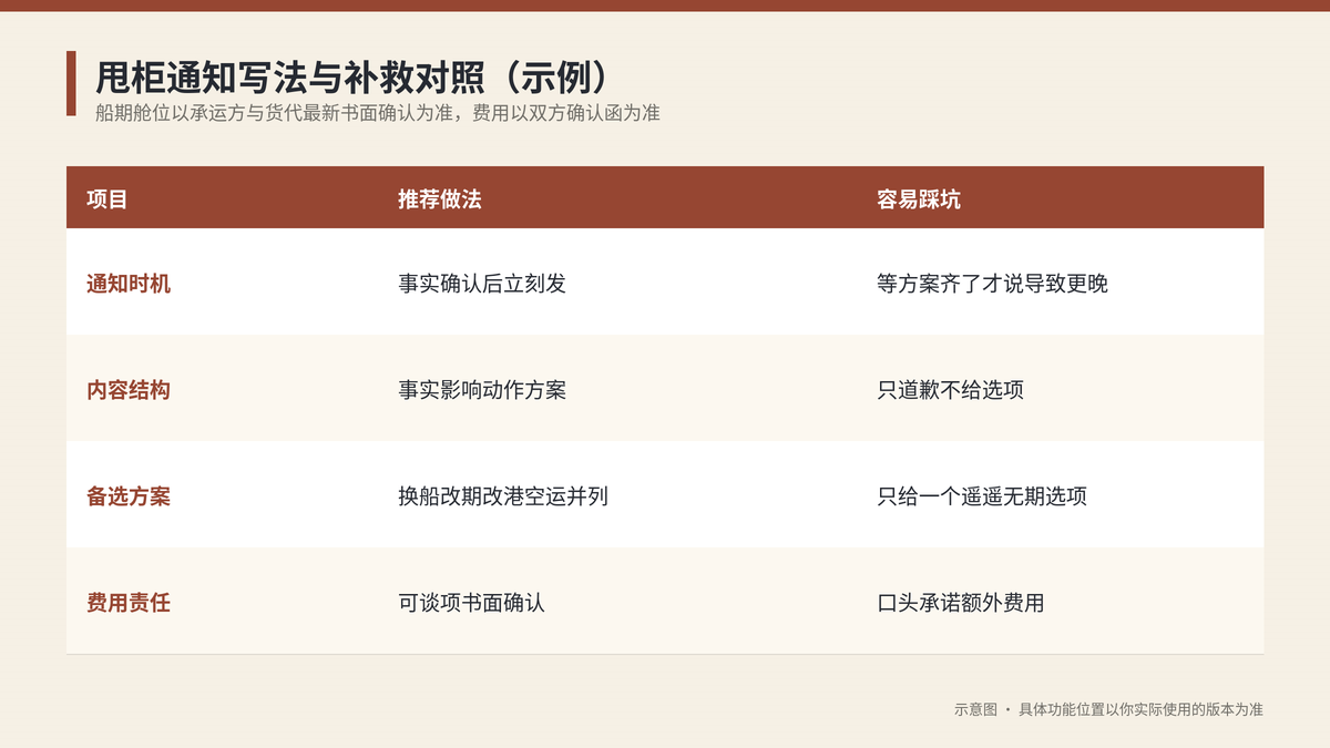甩柜通知写法与补救对照示意图