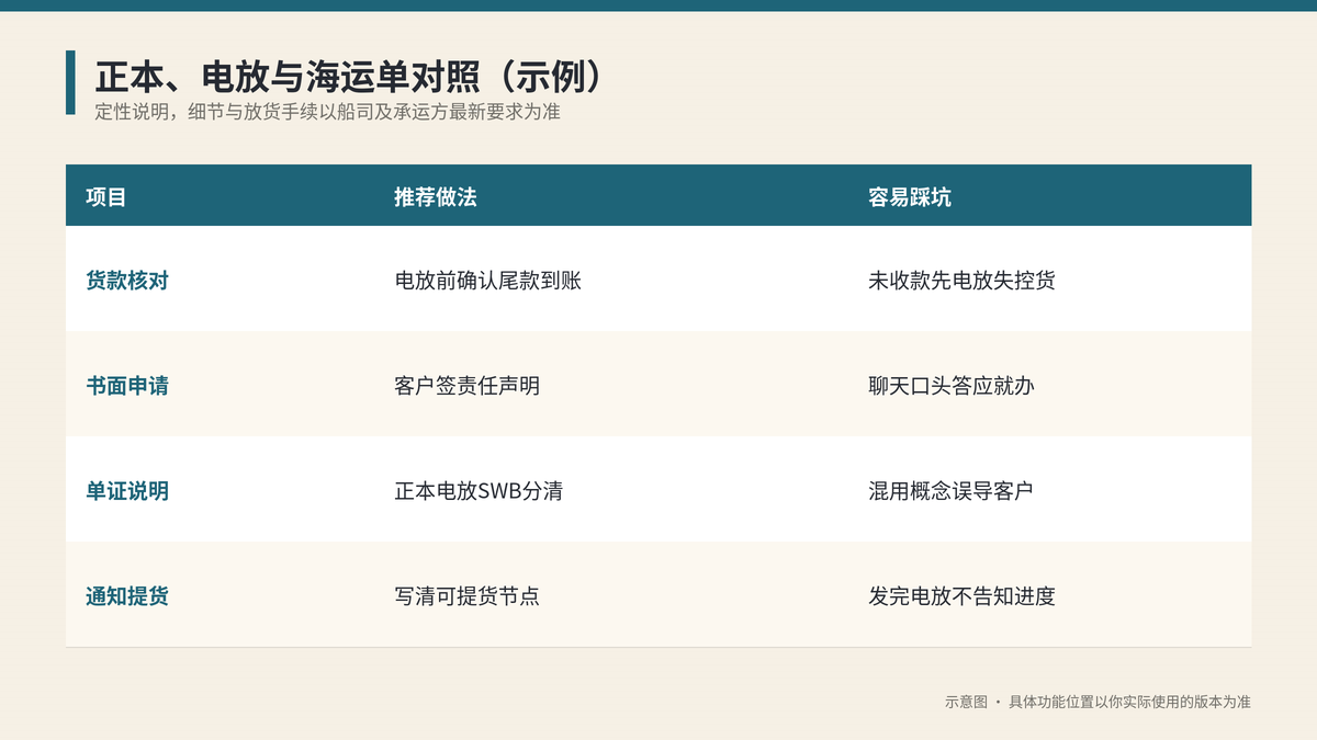 正本电放与海运单对照示意图