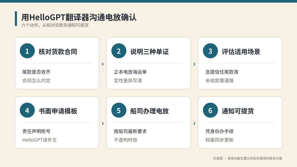 用HelloGPT翻译器沟通电放确认六个步骤示意图