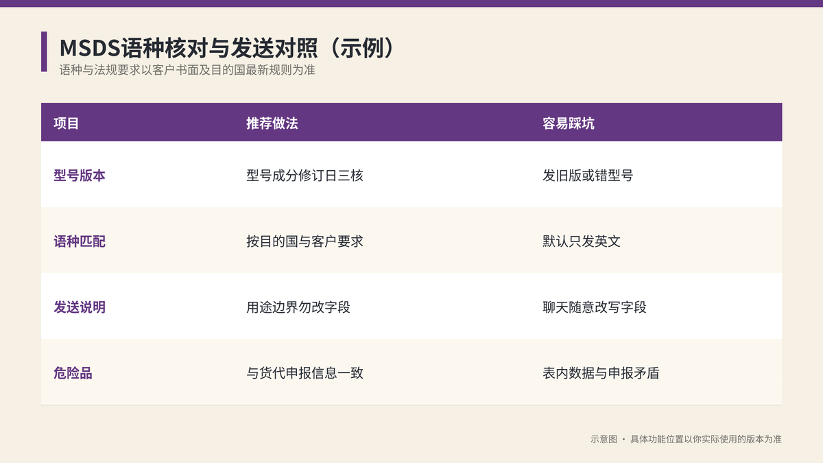 MSDS语种核对与发送对照示意图