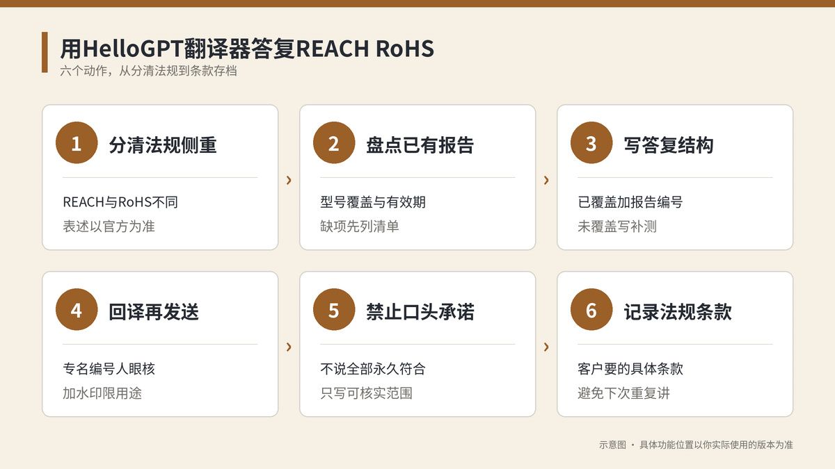 用HelloGPT翻译器答复REACH RoHS六个步骤示意图