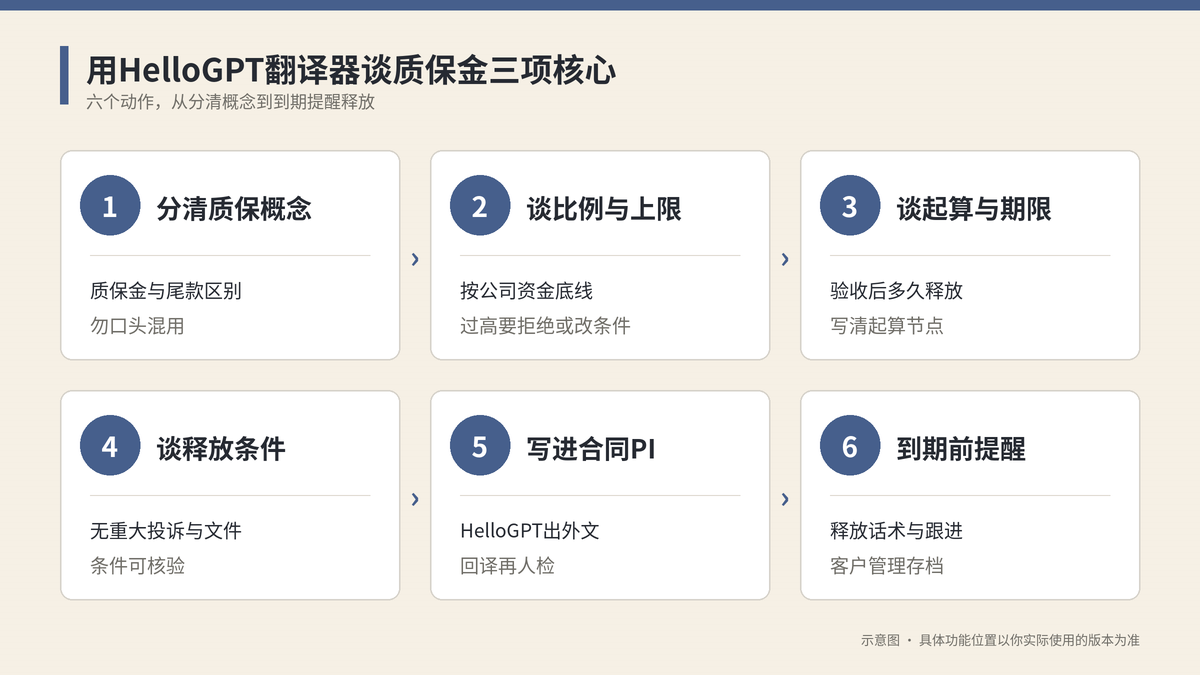 用HelloGPT翻译器谈质保金三项核心六个步骤示意图