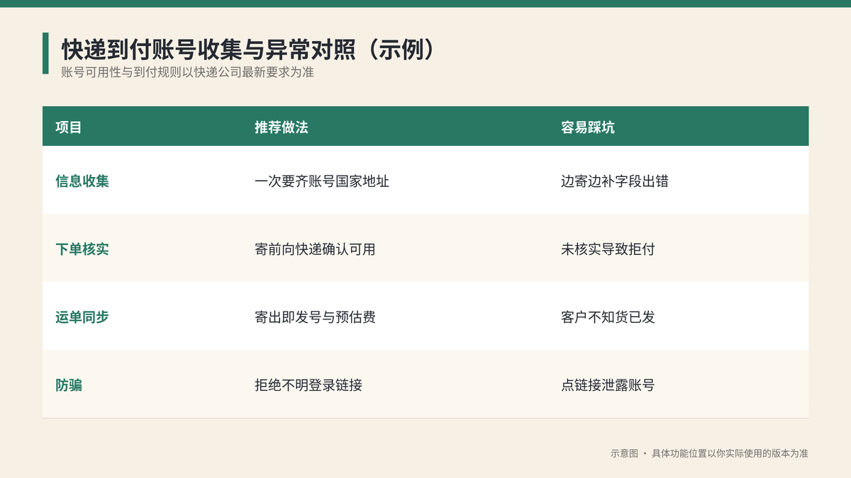快递到付账号收集与异常对照示意图