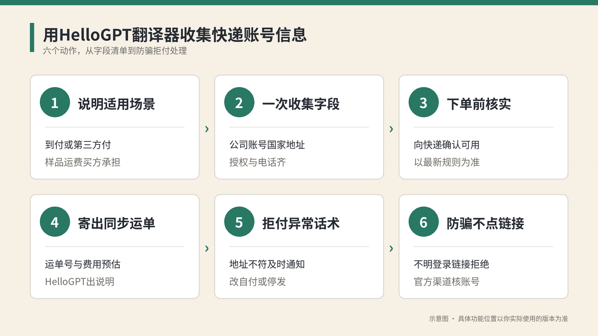 用HelloGPT翻译器收集快递账号信息六个步骤示意图
