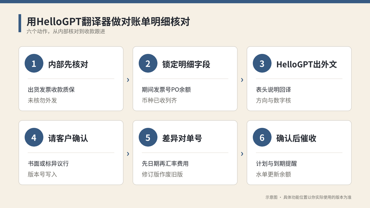 用HelloGPT翻译器做对账单明细核对六个步骤示意图