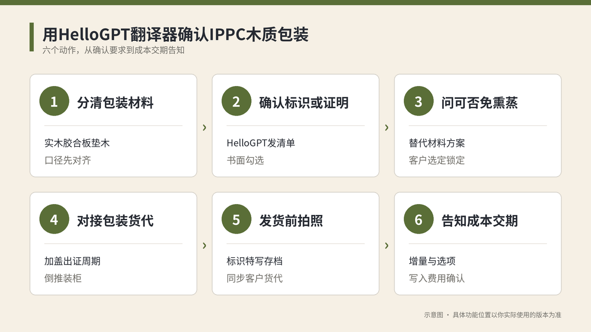 用HelloGPT翻译器确认IPPC木质包装要求六个步骤示意图